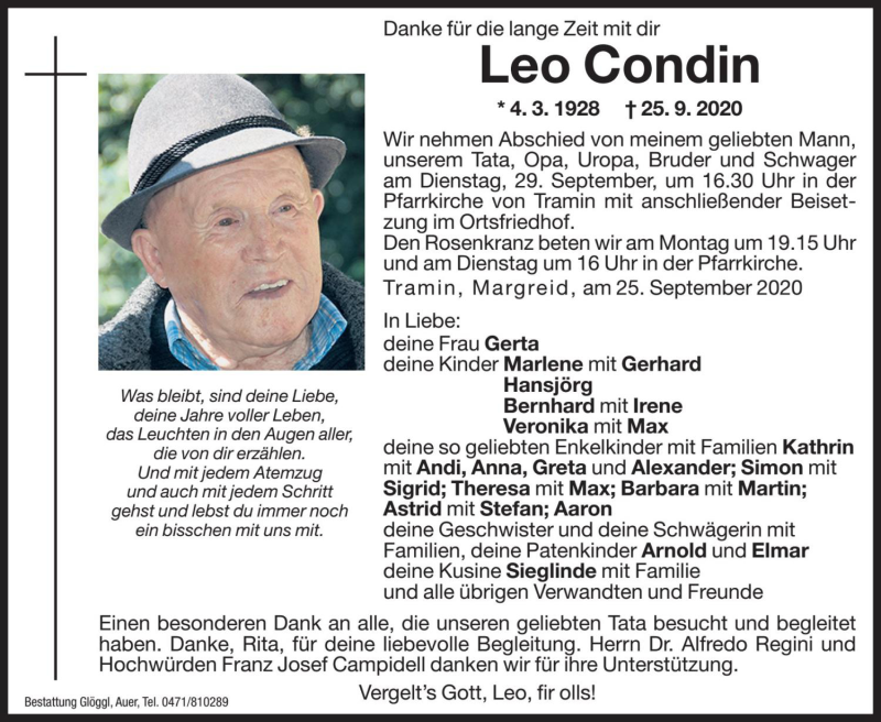 Traueranzeige für Leo Condin vom 26.09.2020 aus Dolomiten