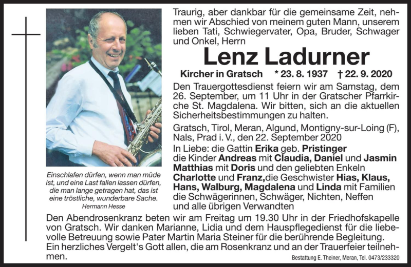  Traueranzeige für Lorenz Ladurner vom 25.09.2020 aus Dolomiten