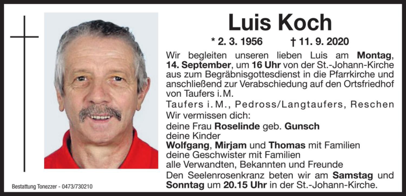  Traueranzeige für Luis Koch vom 12.09.2020 aus Dolomiten