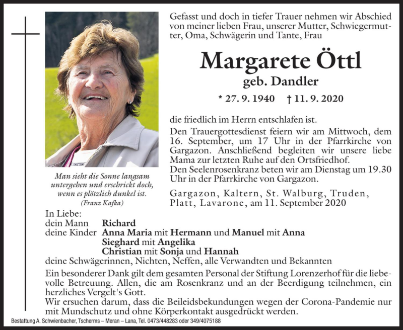  Traueranzeige für Margarete Öttl vom 14.09.2020 aus Dolomiten