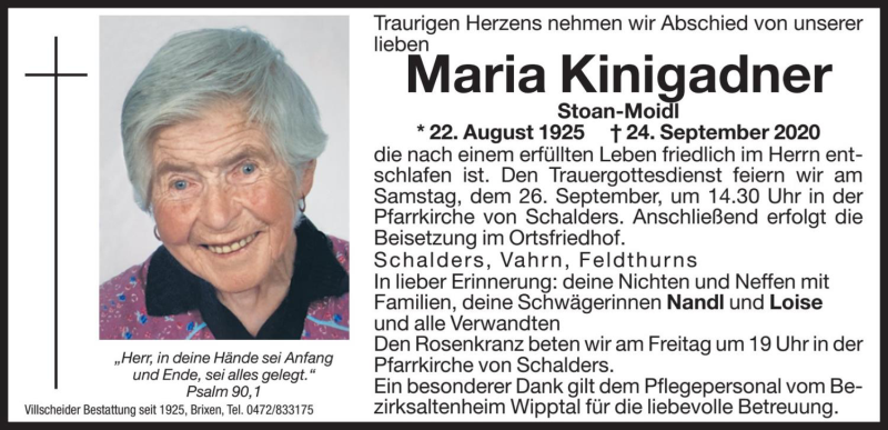  Traueranzeige für Maria Kinigadner vom 25.09.2020 aus Dolomiten