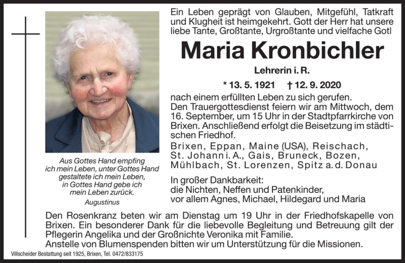 Traueranzeige für Maria Kronbichler vom 14.09.2020 aus Dolomiten