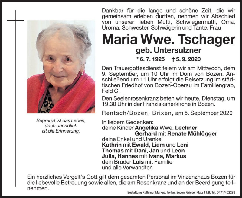  Traueranzeige für Maria Tschager vom 08.09.2020 aus Dolomiten