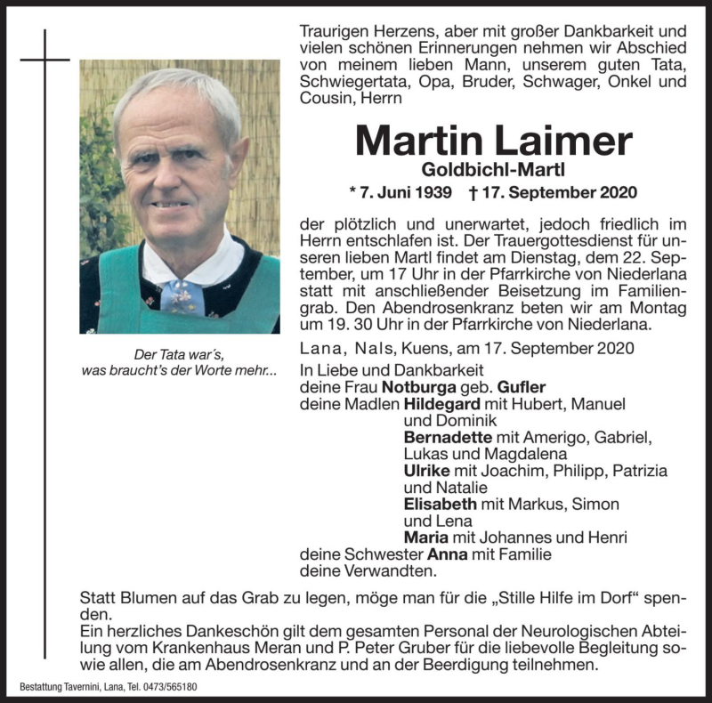  Traueranzeige für Martin Laimer vom 19.09.2020 aus Dolomiten