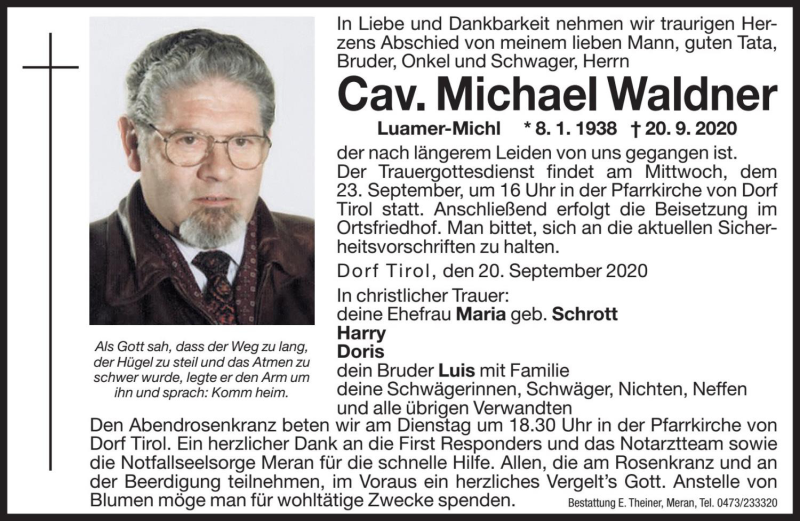  Traueranzeige für Michael Waldner vom 22.09.2020 aus Dolomiten