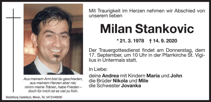  Traueranzeige für Milan Stankovic vom 16.09.2020 aus Dolomiten