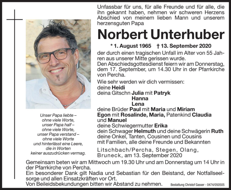  Traueranzeige für Norbert Unterhuber vom 16.09.2020 aus Dolomiten