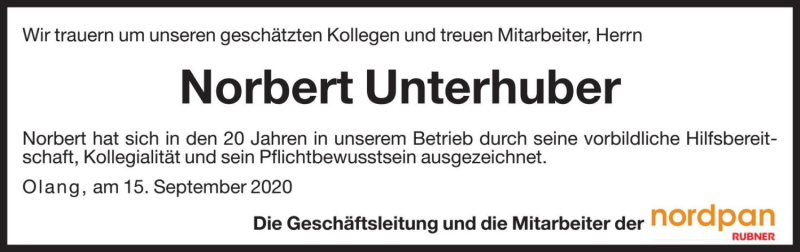 Traueranzeige für Norbert Unterhuber vom 15.09.2020 aus Dolomiten