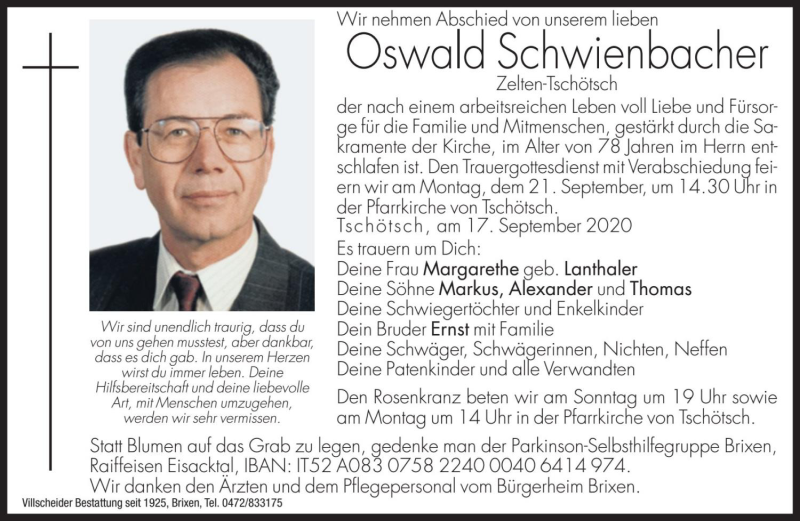 Traueranzeige für Oswald Schwienbacher vom 19.09.2020 aus Dolomiten