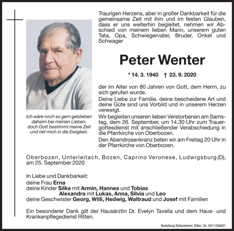  Traueranzeige für Peter Wenter vom 25.09.2020 aus Dolomiten