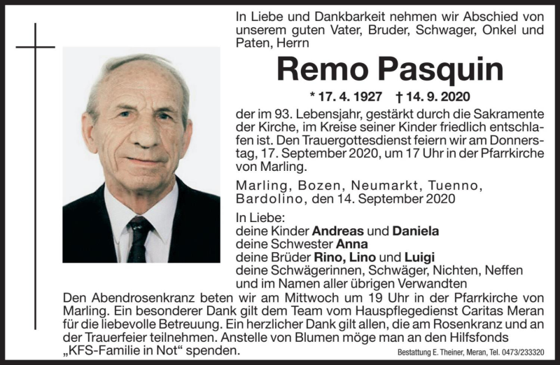  Traueranzeige für Remo Pasquin vom 15.09.2020 aus Dolomiten