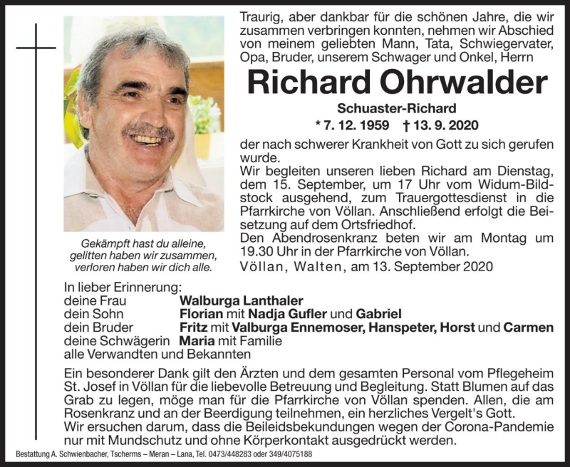  Traueranzeige für Richard Ohrwalder vom 14.09.2020 aus Dolomiten