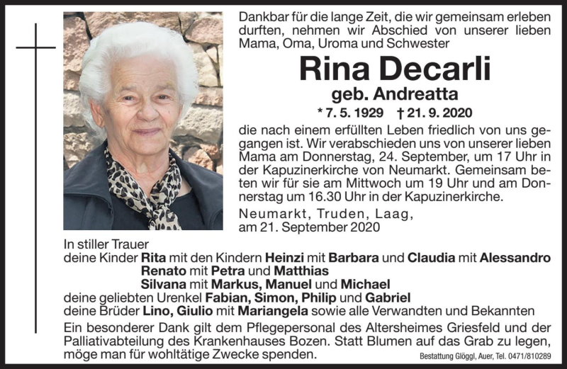 Traueranzeige für Rina Decarli vom 23.09.2020 aus Dolomiten