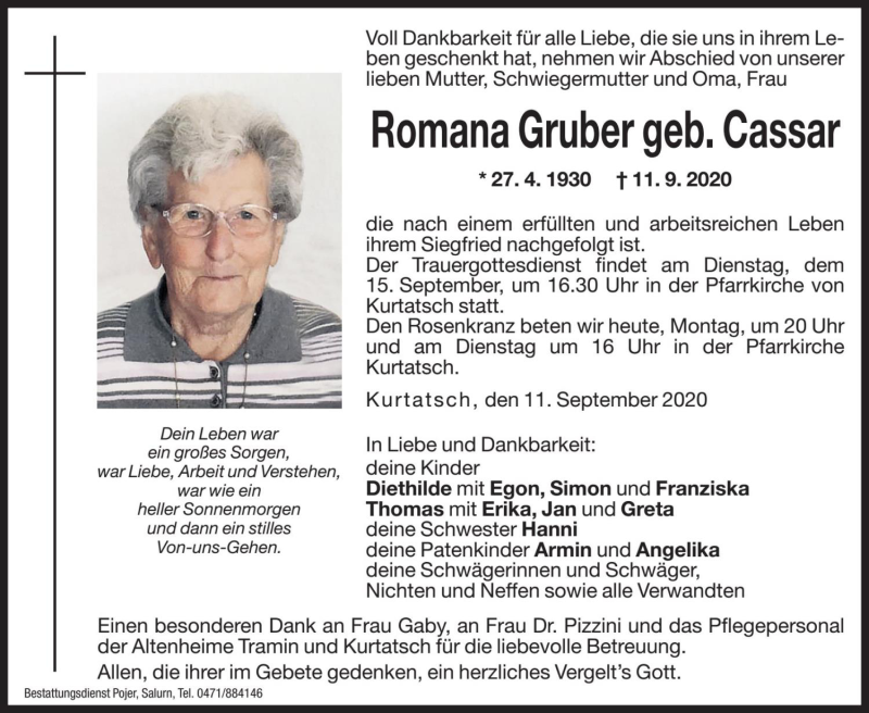  Traueranzeige für Romana Gruber vom 14.09.2020 aus Dolomiten