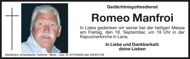  Traueranzeige für Romeo Manfroi vom 16.09.2020 aus Dolomiten