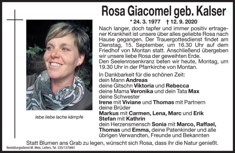  Traueranzeige für Rosa Giacomel vom 14.09.2020 aus Dolomiten