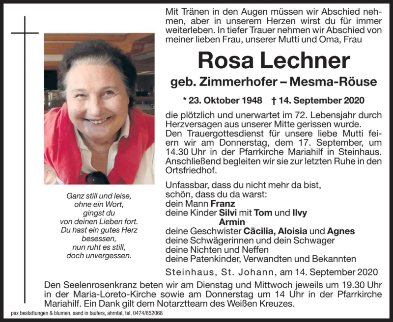  Traueranzeige für Rosa Lechner vom 15.09.2020 aus Dolomiten