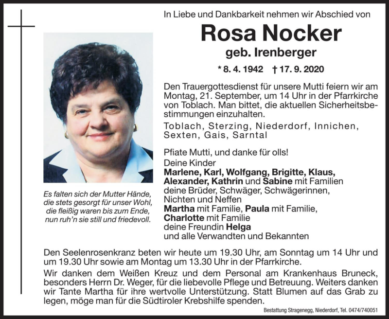  Traueranzeige für Rosa Nocker vom 19.09.2020 aus Dolomiten