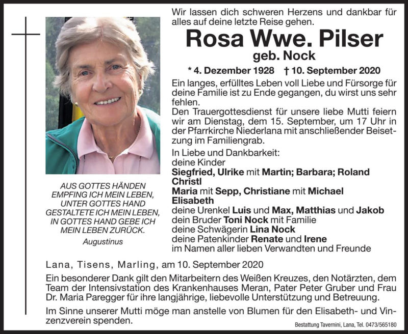  Traueranzeige für Rosa Pilser vom 14.09.2020 aus Dolomiten