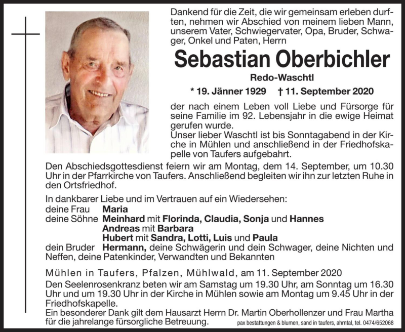  Traueranzeige für Sebastian Oberbichler vom 12.09.2020 aus Dolomiten