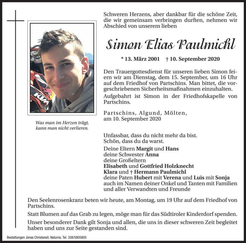  Traueranzeige für Simon Elias Paulmichl vom 14.09.2020 aus Dolomiten
