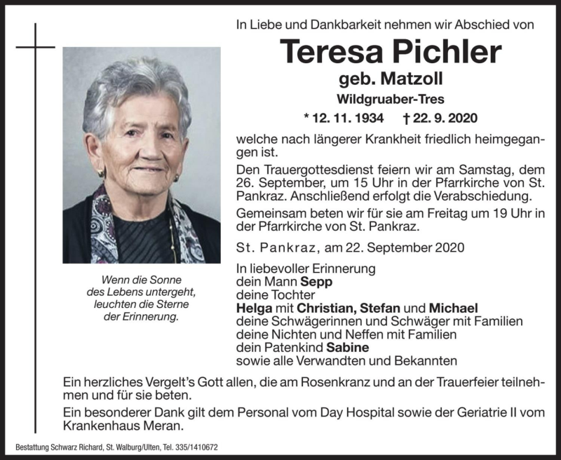  Traueranzeige für Teresa Pichler vom 25.09.2020 aus Dolomiten