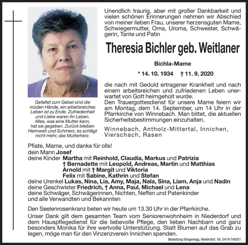  Traueranzeige für Theresia Bichler vom 14.09.2020 aus Dolomiten