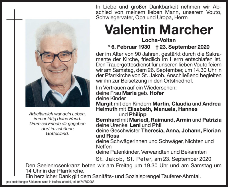  Traueranzeige für Valentin Marcher vom 25.09.2020 aus Dolomiten