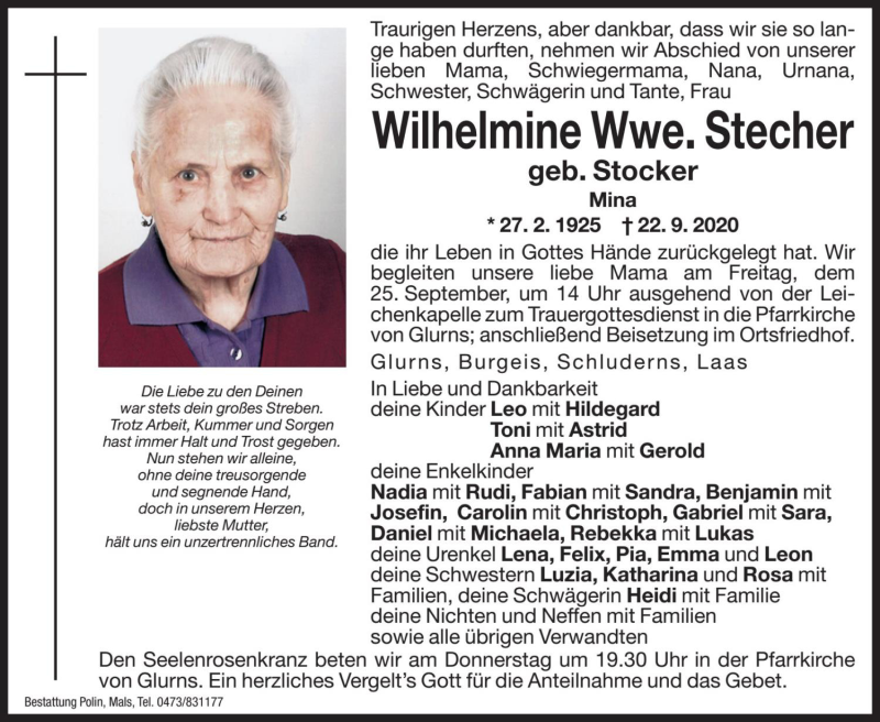  Traueranzeige für Wilhelmine Stecher vom 24.09.2020 aus Dolomiten