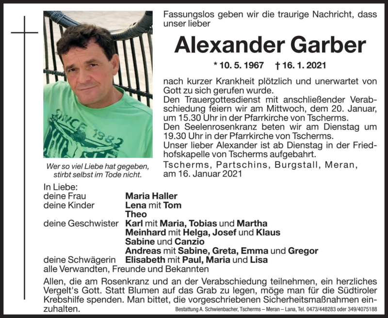  Traueranzeige für Alexander Garber vom 18.01.2021 aus Dolomiten
