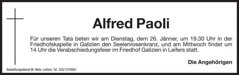  Traueranzeige für Alfred Paoli vom 25.01.2021 aus Dolomiten