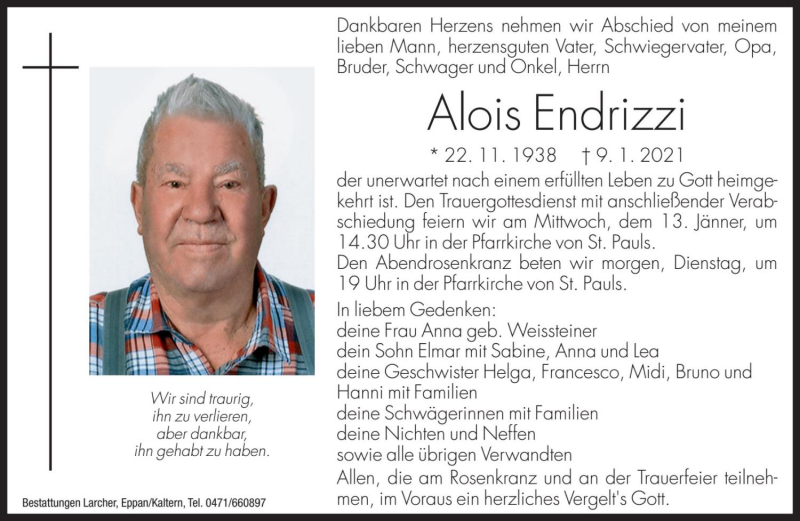  Traueranzeige für Alois Endrizzi vom 11.01.2021 aus Dolomiten