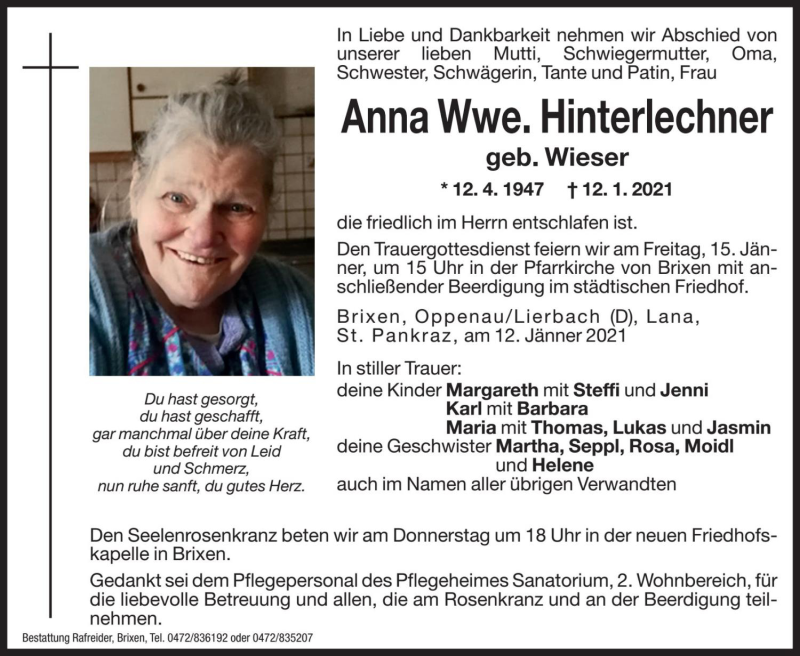  Traueranzeige für Anna Hinterlechner vom 13.01.2021 aus Dolomiten