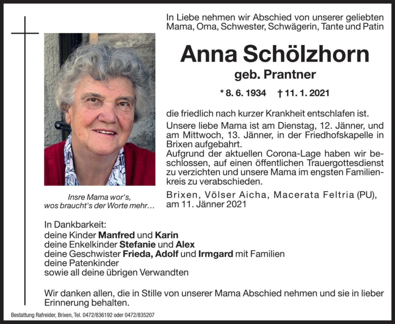  Traueranzeige für Anna Schölzhorn vom 12.01.2021 aus Dolomiten