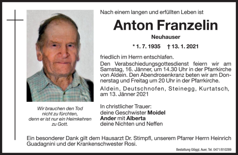  Traueranzeige für Anton Franzelin vom 14.01.2021 aus Dolomiten