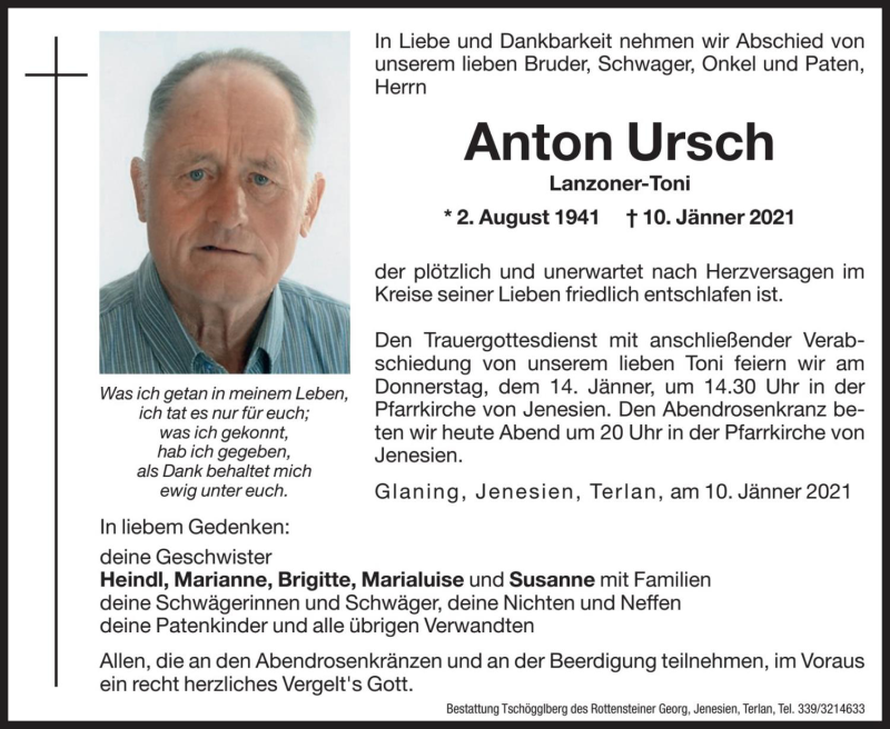  Traueranzeige für Anton Ursch vom 13.01.2021 aus Dolomiten