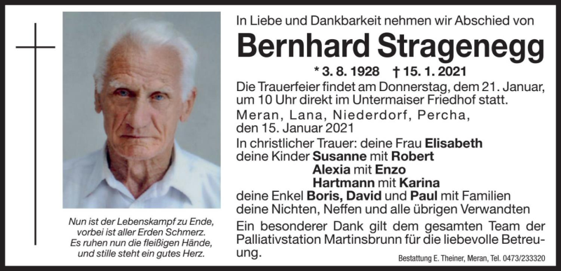  Traueranzeige für Bernhard Stragenegg vom 16.01.2021 aus Dolomiten
