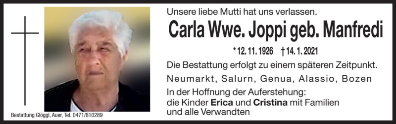  Traueranzeige für Carla Joppi vom 16.01.2021 aus Dolomiten