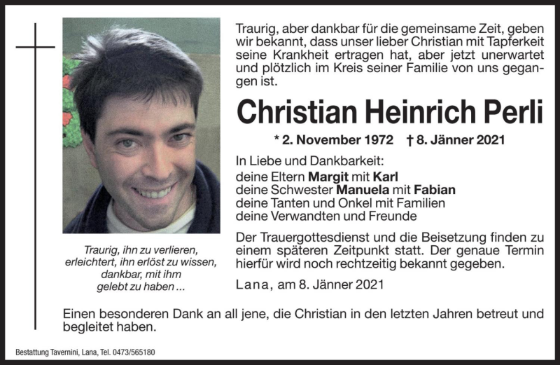  Traueranzeige für Christian Heinrich Perli vom 13.01.2021 aus Dolomiten
