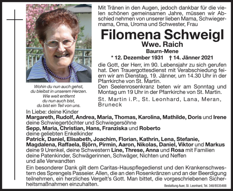  Traueranzeige für Filomena Raich vom 16.01.2021 aus Dolomiten