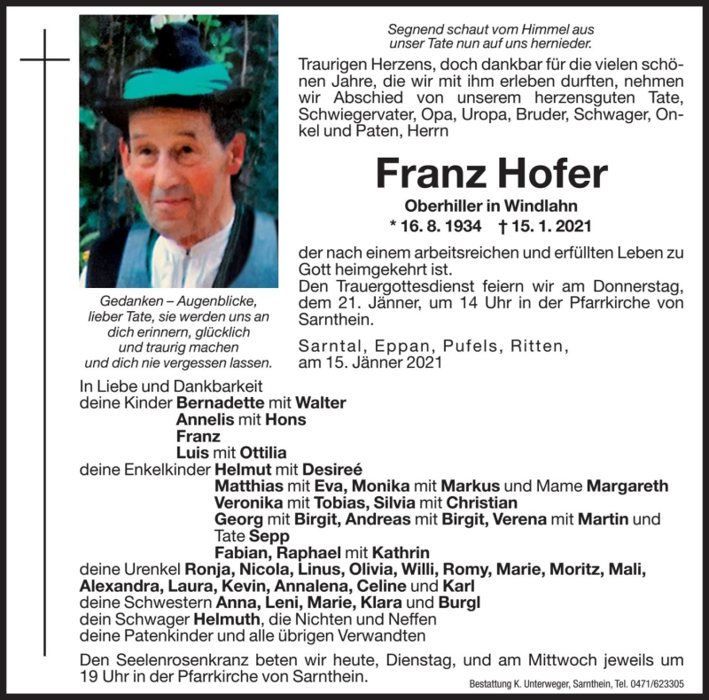  Traueranzeige für Franz Hofer vom 19.01.2021 aus Dolomiten