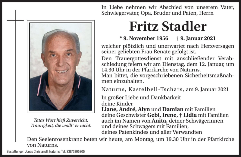  Traueranzeige für Fritz Stadler vom 11.01.2021 aus Dolomiten