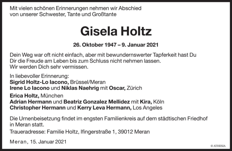  Traueranzeige für Gisela Holtz vom 15.01.2021 aus Dolomiten