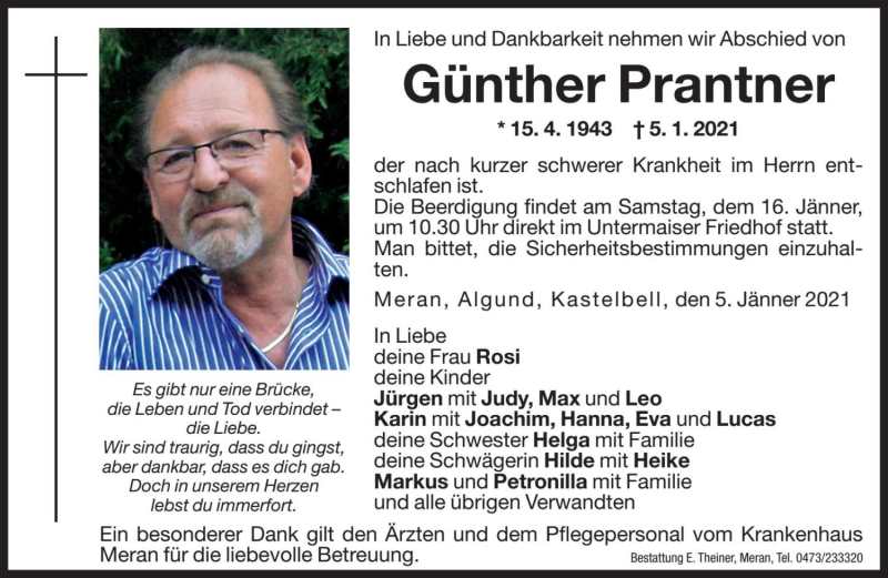  Traueranzeige für Günther Prantner vom 15.01.2021 aus Dolomiten