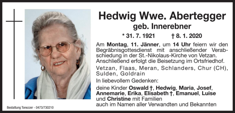  Traueranzeige für Hedwig Abertegger vom 11.01.2021 aus Dolomiten
