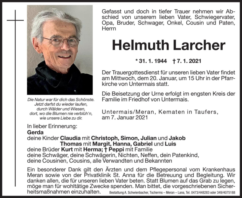  Traueranzeige für Helmuth Larcher vom 16.01.2021 aus Dolomiten