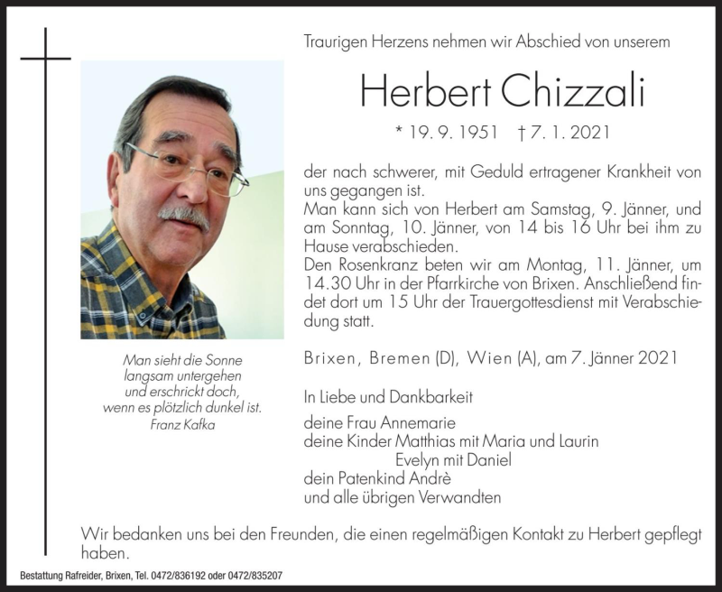  Traueranzeige für Herbert Chizzali vom 09.01.2021 aus Dolomiten