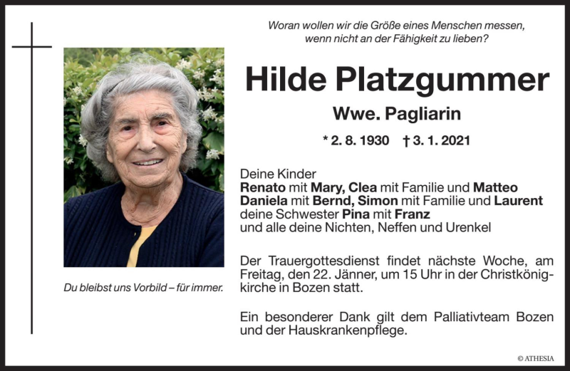  Traueranzeige für Hilde Pagliarin vom 13.01.2021 aus Dolomiten