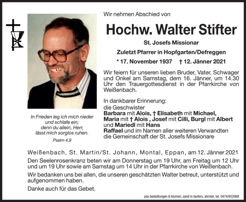  Traueranzeige für Hochw. Walter Stifter vom 14.01.2021 aus Dolomiten