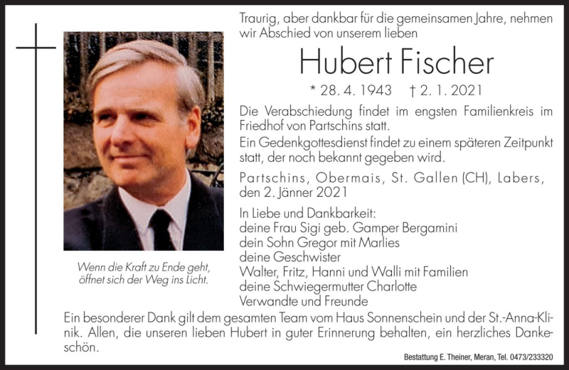  Traueranzeige für Hubert Fischer vom 04.01.2021 aus Dolomiten